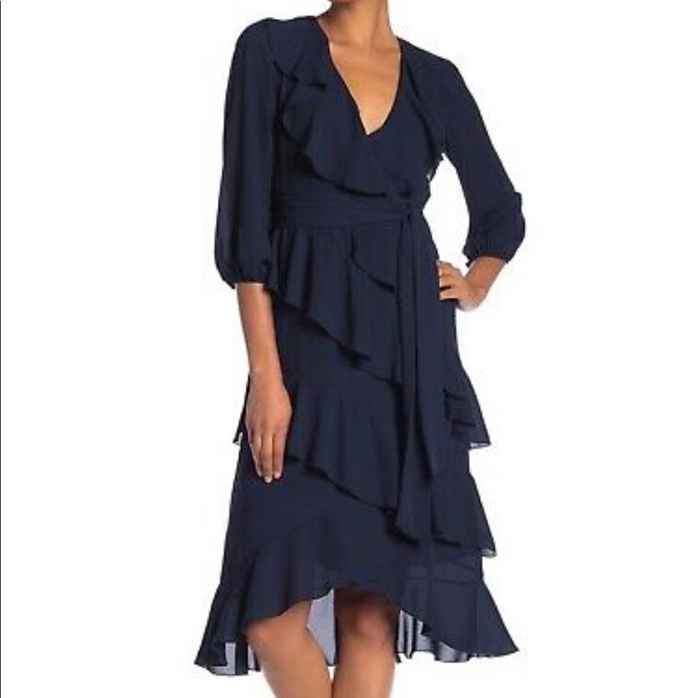 alice + olivia Navy Kye Ruffled V-Neck Dress Sz 2